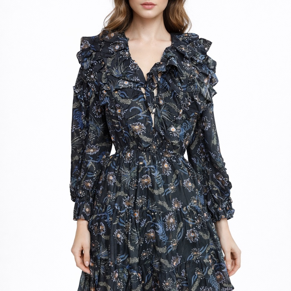 Magali Pascal Ava Ruffle Mini Dress Size S Black Floral Silk Cotton NWT $450